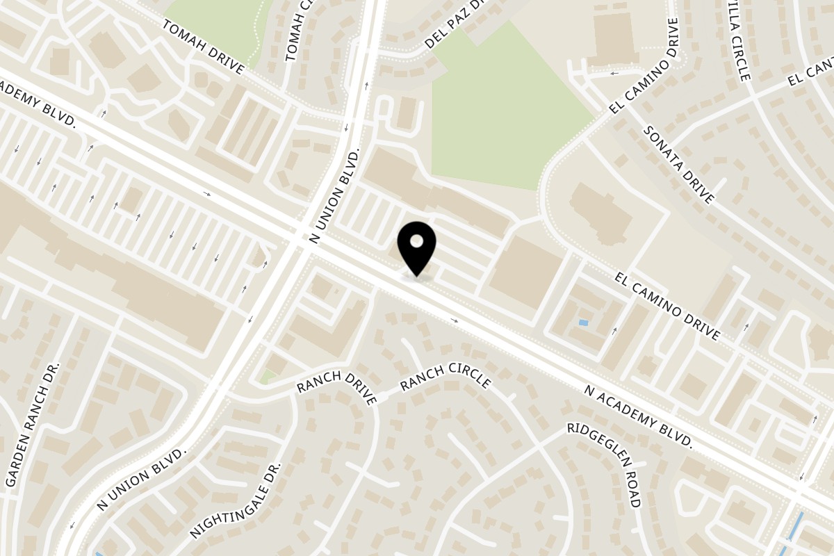 Map showing the location of Mirch Masala on 5047 N Academy Blvd in Colorado Springs